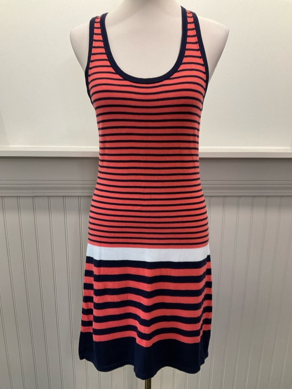 Lilly Pulitzer Coral Navy Striped Racerback Tank Dress Cotton Size Medium